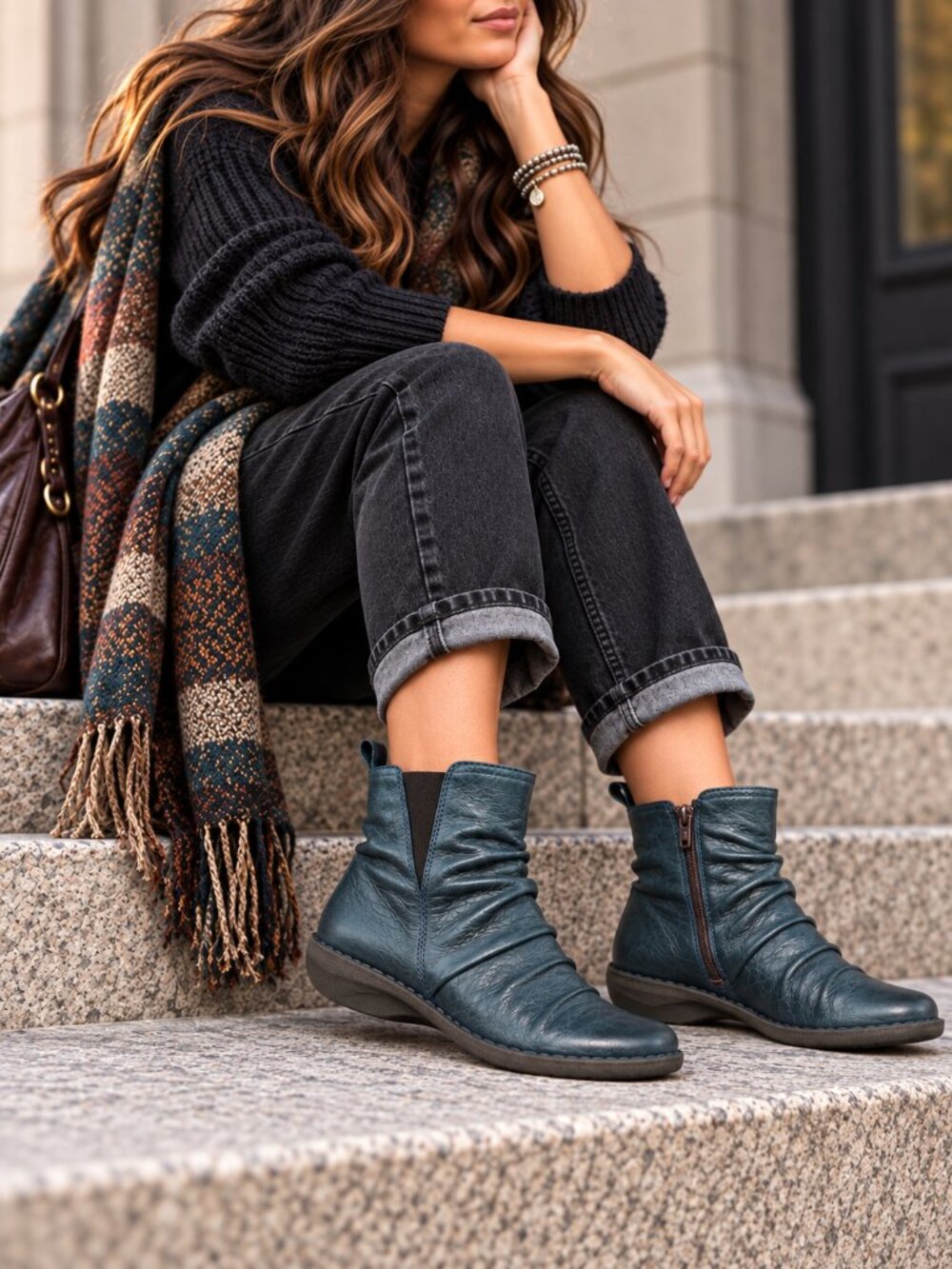 Miz Mooz Preston Ocean Leather Ruched Ankle Boots 6 Slouchy Moto Boho EUC Rare